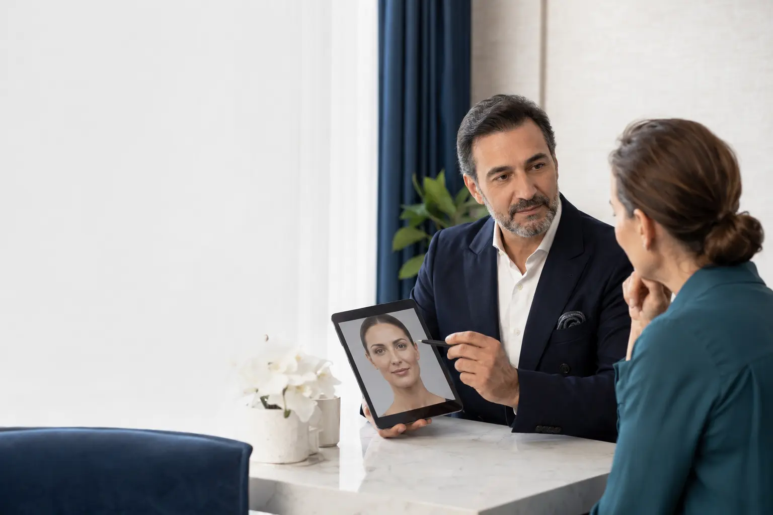 Cirujana evaluando la frente y las cejas de una paciente en Turquía